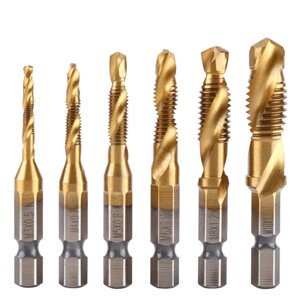 6Pcs 1/4 Inch М3-M10 Screw Tap HSS Combination Drill Tap Bit Set Hex Shank Deburr Countersink Bits