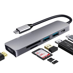 6 в 1 Тип-C Док-станция Адаптер-разветвитель концентратора USB-C с USB3.0 * 2 PD3.0 4K Поддержка HDMI Слот для чтения ка