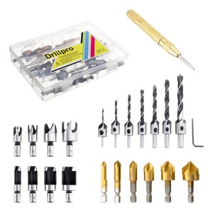 Drillpro 23pcs Woodworking Chamfering Countersunk Drill Bit Set 5 Flute Chamfering Drill Wood Plug Cutter Automatic Цент