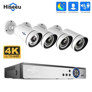 Hiseeu 4K UHD 4CH 8MP PoE Безопасность камера Набор Цветное ночное видение Двустороннее аудио Обнаружение гуманоидов Дис