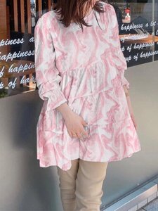 Круглая блузка с волнистым принтом Шея Ruffle Long Sleeve Blouse