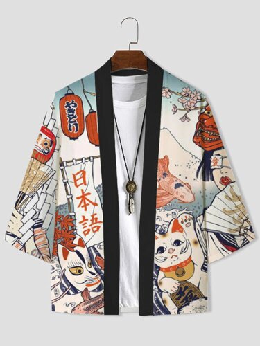 Мужская японская фигура Ukiyoe Print Loose 3/4 Sleeve Kimono