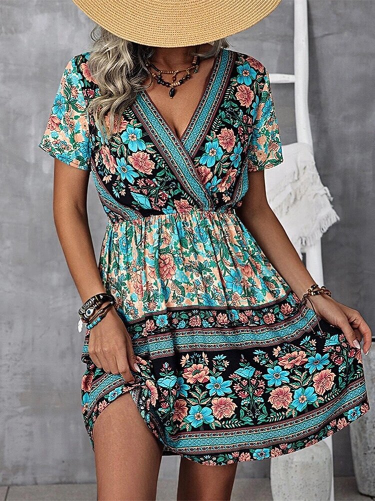 Bohemian Floral Print Wrap V-образный вырез с коротким рукавом Платье - выбрать