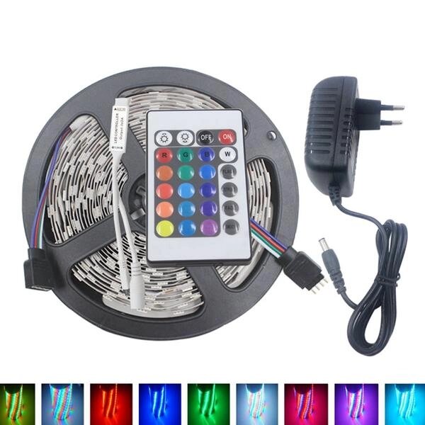 5M 3528 24W RGB 300 не водонепроницаемый LED Гибкая полоска света 24 ключа IR Дистанционный + адаптер питания DC12V - доставка