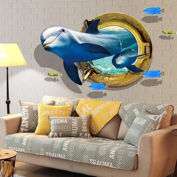 Miico Creative 3D Dolphin Window Морские рыбы ПВХ Съемная домашняя комната Декоративная настенная декорация наклейки - преимущества