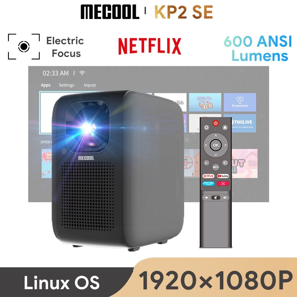 Mecool KP2 SE Проектор 1080P Сертифицированная ОС Linux 600ANSI Lumens 5G WIFI Электрический фокус Домашний кинотеатр - Bangoo