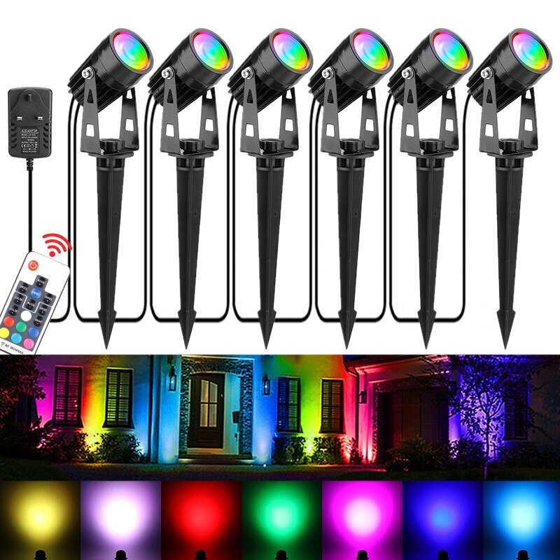 6шт RGB LED Сад Spike Lights На открытом воздухе Прожекторы Пейзаж Лампа Дистанционный - наличие