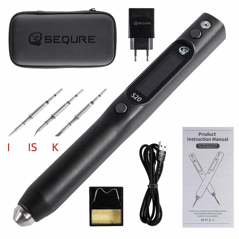 SEQURE DC Паяльник-s20K+I+IS European Standard-with 3 Паяльник Tips Tool+Holder+Storage Bag - обзор