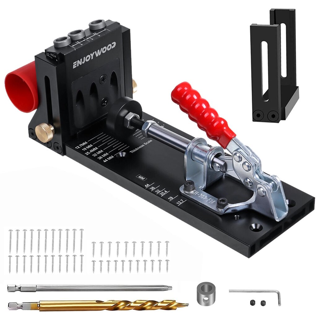 ENJOYWOOD XK4 Карманное отверстие Джиг Kit Aluminum Alloy Adjustable Woodworking Drilling Guide for Angled Holes with Dr - фото