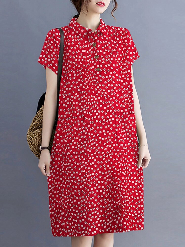 Calico Button Pocket Lapel Short Sleeve Casual Midi Print Платье - интернет магазин