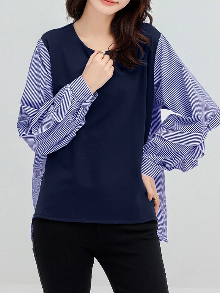 Stripe Patchwork High-low Long Sleeve Crew Шея Блузка - наличие