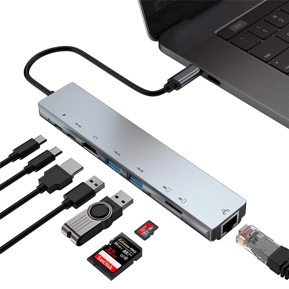 Bakeey PB-C7366 Адаптер док-станции-концентратора USB-C 8-в-1 с 4K HDMI HD Дисплей / 87 Вт USB-C PD3.0 Подача питания / - фото