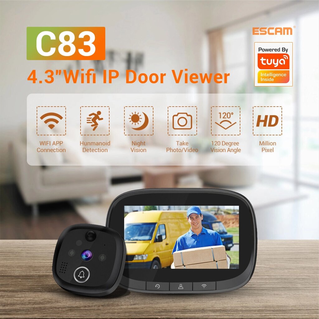 ESCAM C83 Беспроводной дверной звонок 4.3inch WIFI IP Door Viewer HD Ночное видение 120° может снимать фото и видео PIR - распродажа