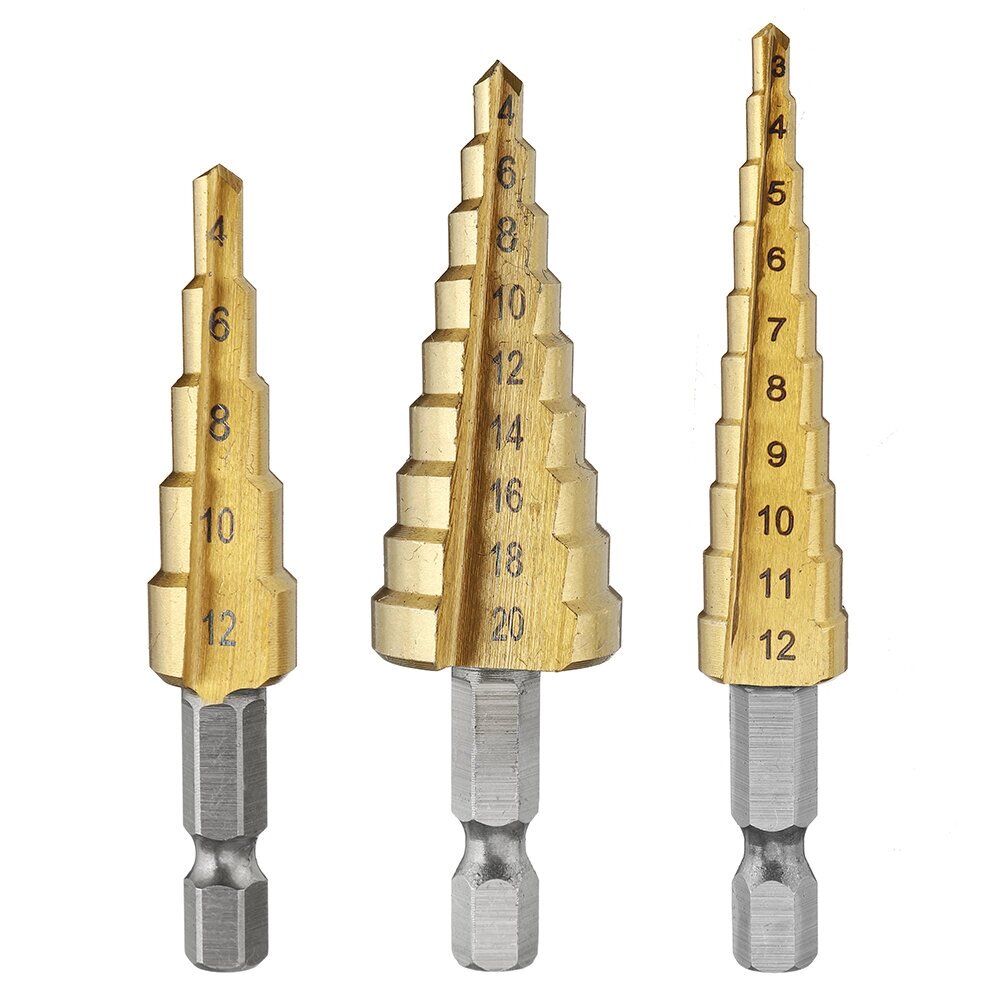 Drillpro 3Pcs 1/4 Inch Hex Shank HSS Титановое покрытие Step Набор сверл 3-12/4-12/4-20mm - преимущества