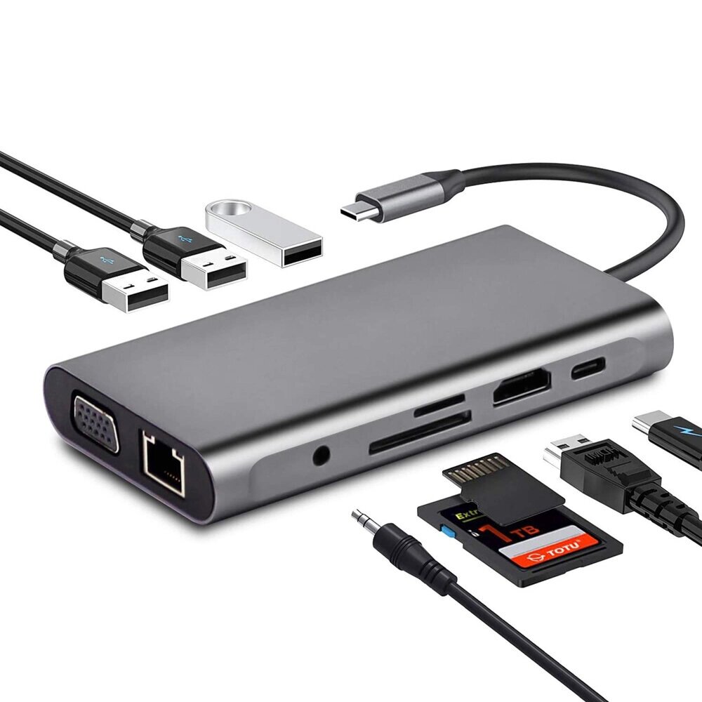 Бейки 10 In 1 Triple Дисплей USB Type-C Адаптер док-станции-концентратора с 4K HD Дисплей / 1080P VGA / RJ45 Сетевой пор - фото