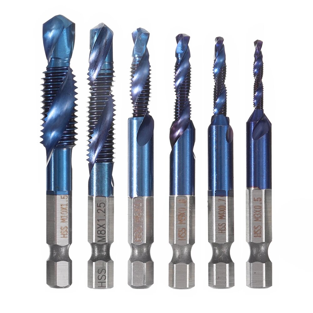 Drillpro 6pcs M3-m10 Combination Drill Tap Bit Set HSS 6542 Синий Nano С покрытием Deburr Countersink Drill Bits - сравнение