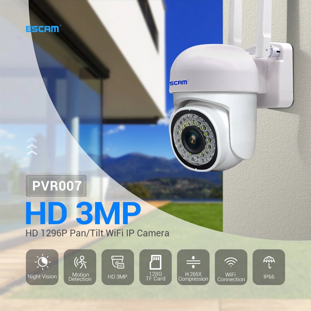 ESCAM PVR007 3MP 1296P Полноцветный беспроводной PTZ IP Dome камера H. 265 IP66 AI Обнаружение гуманоидов Домашняя безопа - Аштарак