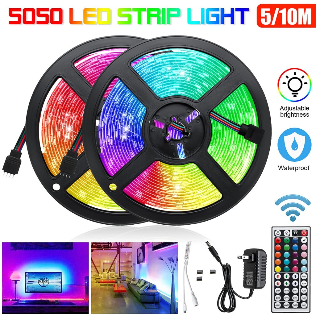 5M / 2X5M RGB Водонепроницаемы 5050 LED Strip Light + 44 Key Дистанционный + US Адаптер питания DC12V для ТВ Домашний га - описание