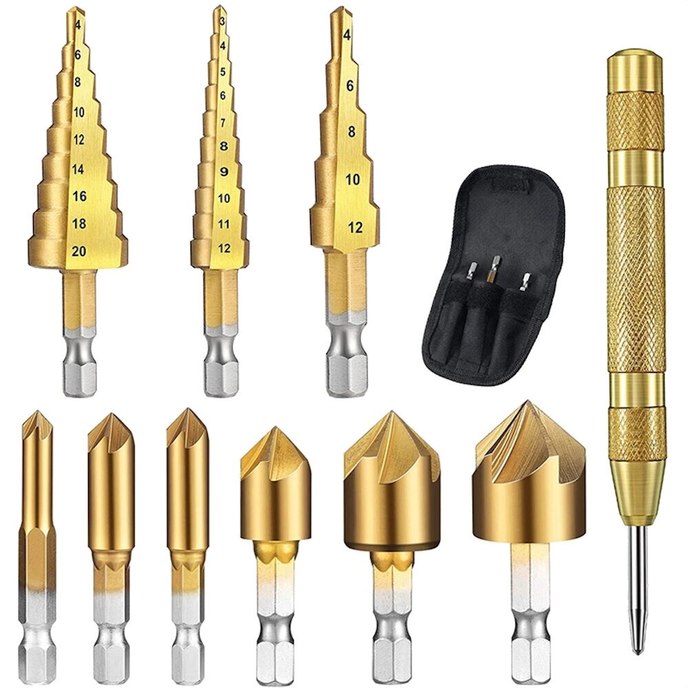 10pcs Step Drill Bit Set 1/4 дюймов Hex Shank 5 Flute Countersink Drill Bit Set with Automatic Center Punch - скидка