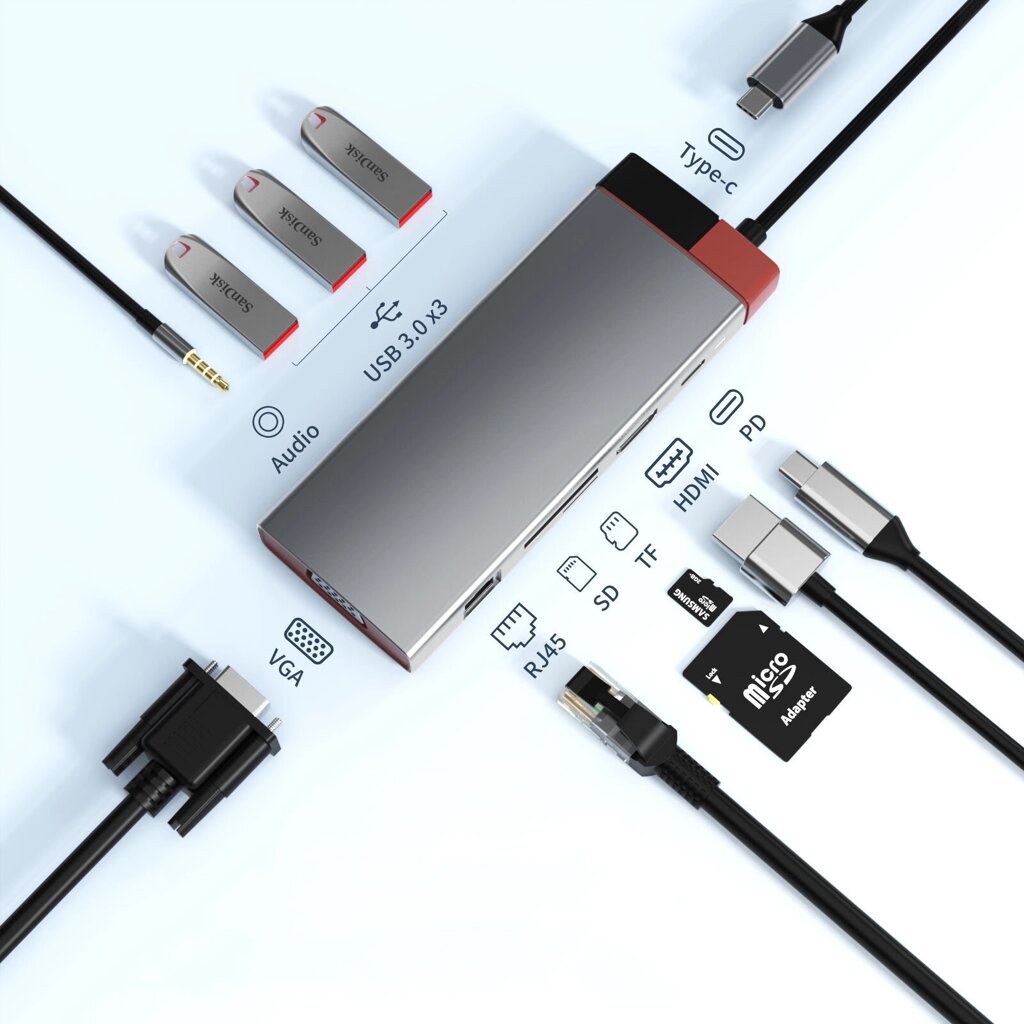 Basix 10 в 1 USB-концентратор Type-C Док-станция для PD 100 Вт USB3.0 * 3 SD TF RJ45 1000 м VGA 3,5 мм аудио для Macbook - сравнение