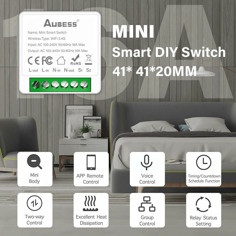 Wi-Fi Mini Smart Switch Wi-Fi Wireless DIY Выключатели света 16A Управление умным домом с Tuya Smart Life Alexa Google H - фото