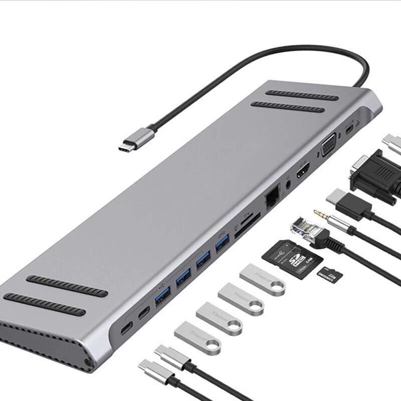 13 в 1 Док-станция Тип-c Адаптер-разветвитель концентратора USB-c с USB2.0*3 USB3.0 Тип-c*3 HDMI RJ45 Слот для устройств - обзор