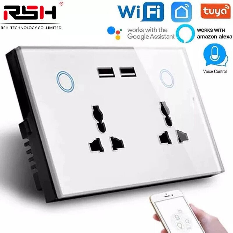 SW004 Tuya 2-портовый Wi-Fi настенный Разъем Панель из закаленного стекла с 2 USB + 2 розетками Универсальный настенный - преимущества