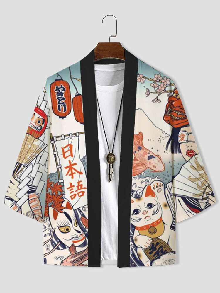 Мужская японская фигура Ukiyoe Print Loose 3/4 Sleeve Kimono - отзывы