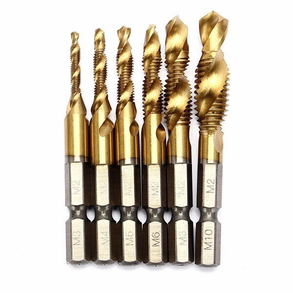 Drillpro 6pcs HSS 6542 M3-m10 Combination Drill Титановое покрытие Tap Bit Set 1/4 Inch Hexagon Metric Deburr Countersin - фото