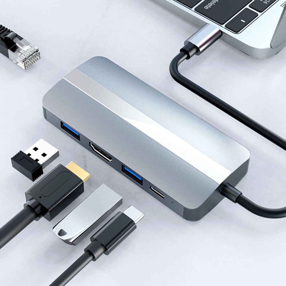 7 в 1 Док-станция Тип-с Адаптер разветвителя концентратора USB-C с USB-C USB3.0 2.0 PD 87 Вт 4K/30 Гц 100 Мбит/с RJ45 LA - интернет магазин