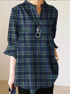 Plaid Ruffle Sleeve V Шея Повседневная блузка