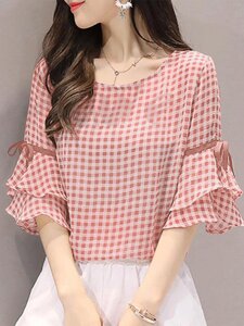 Плед Knotted Patchwork Ruffle Sleeve Round Шея Блузка