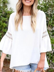 Solid Lace Panel Ruffle Sleeve Crew Шея Блузка