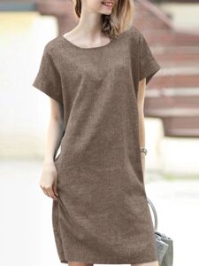 Solid Short Sleeve Round Шея Midi Casual Платье