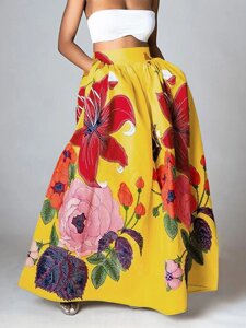 Женские повседневные эластичные юбки макси с высокой талией и цветочным принтом с карманом