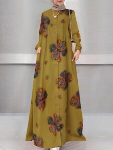 Женское праздничное платье трапециевидной формы с цветочным принтом на пуговицах с длинным рукавом и мусульманским плать